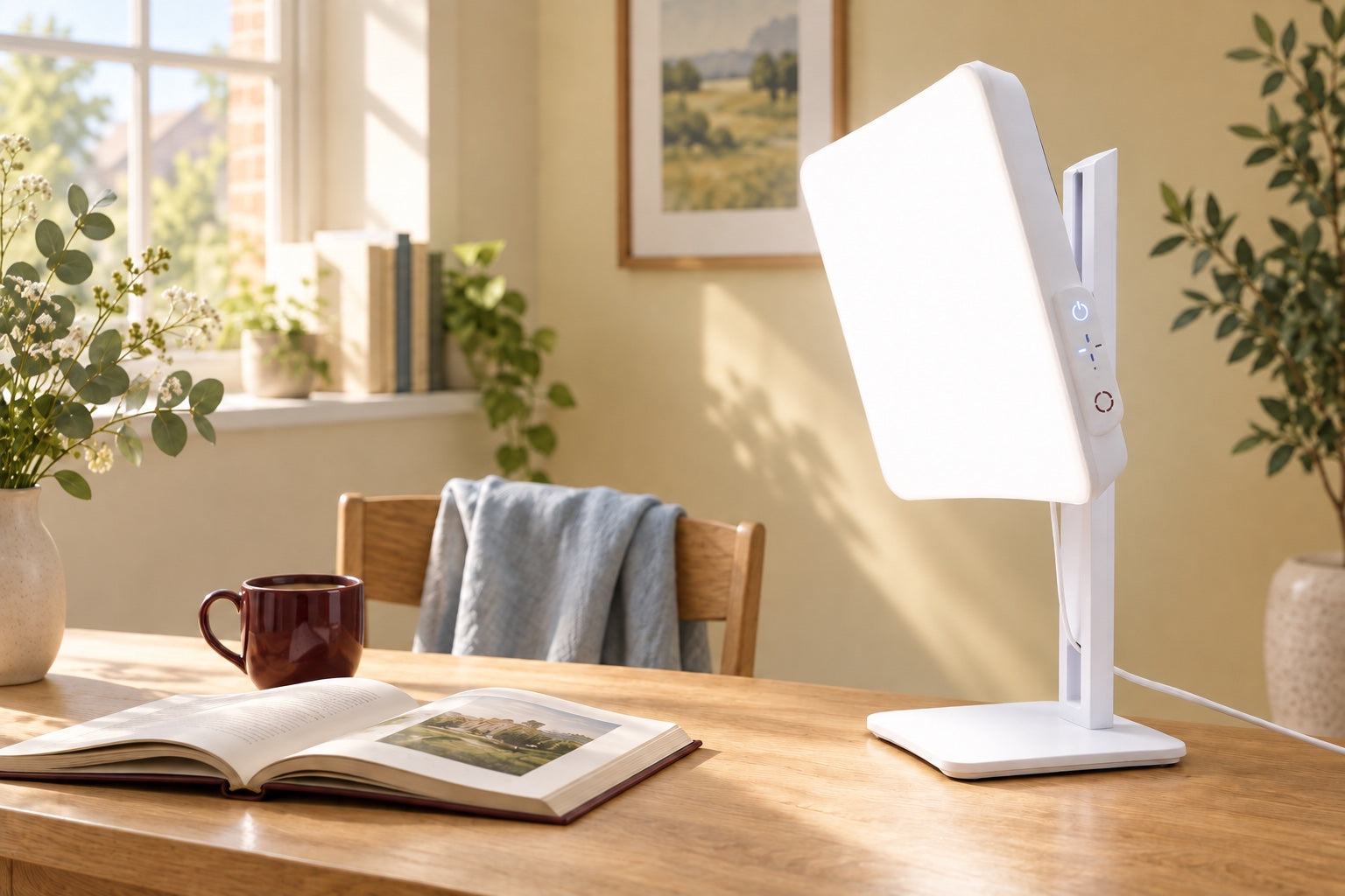 Rise lamp on an oak desk beside a book and a burgundy mug