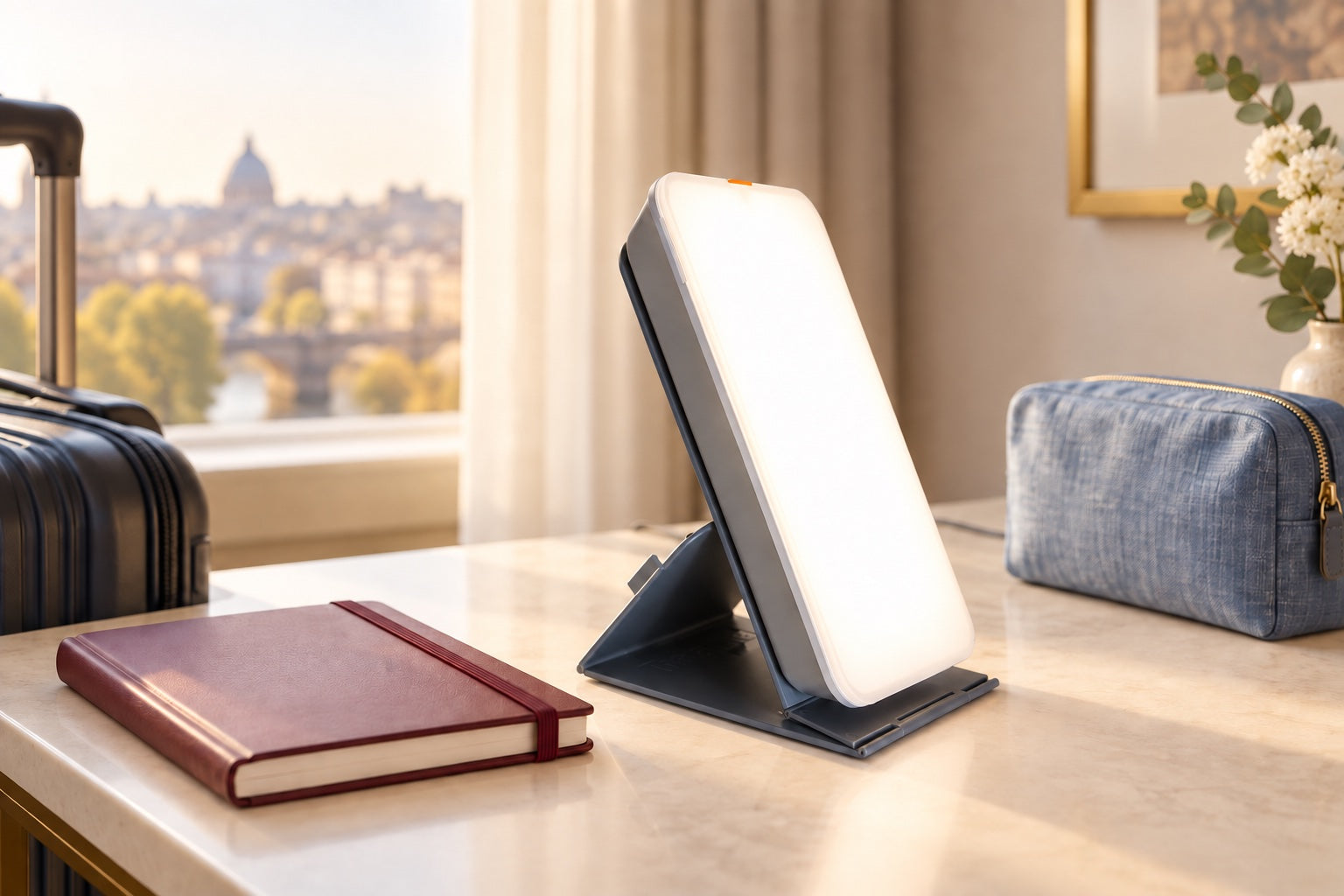 Mini lamp on a hotel desk with a notebook and travel bag